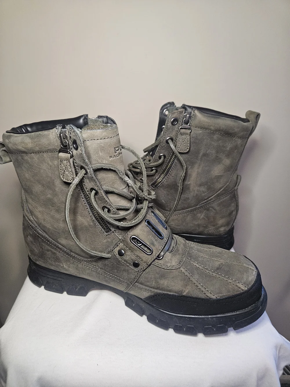Polo by Ralph Lauren Men's Olive Gray Suede Lace-Up Strap Boots